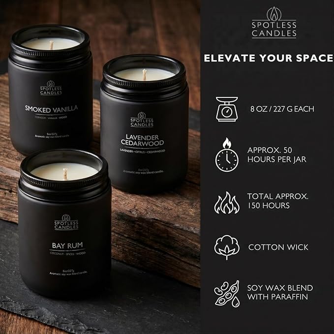 Mens Candle 3 x 8oz Pack Smoked Vanilla Bay Rum and Lavender Cedarwood Scents