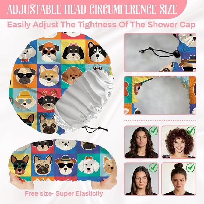 Funny Dog Reusable Shower Cap Cute Double Layer Waterproof Shower Caps Large Elastic Hair Cover Adjustable Hair - Drying Caps for Woman Man Bath SPA Travel One Size Fits Most