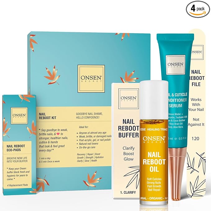 Onsen Secret Complete Nail Reboot Kit w/Cuticle Oil 10ml, Nail File 120/180 Grit Double Sided, A 3-Way Buffer Block & Cuticle Serum-15ml in Action | Super Value Pack