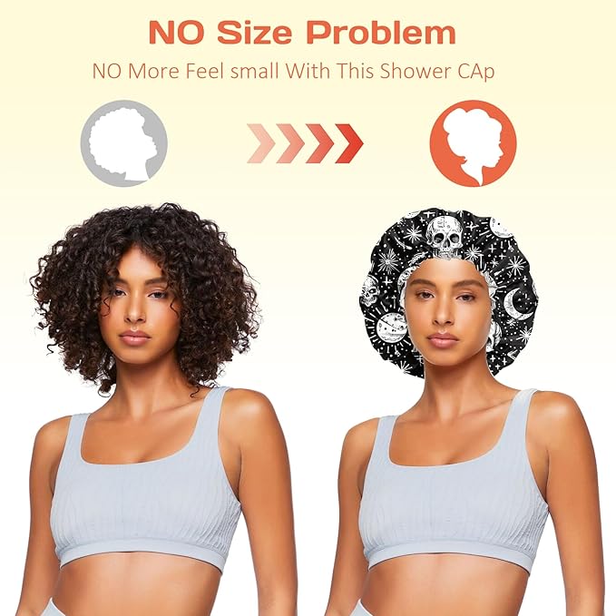 Shower Cap Reusable Double Layer Adjustable Elastic Waterproof EVA Hair Bath Caps for Women Girls Cute Aesthetic-Skull