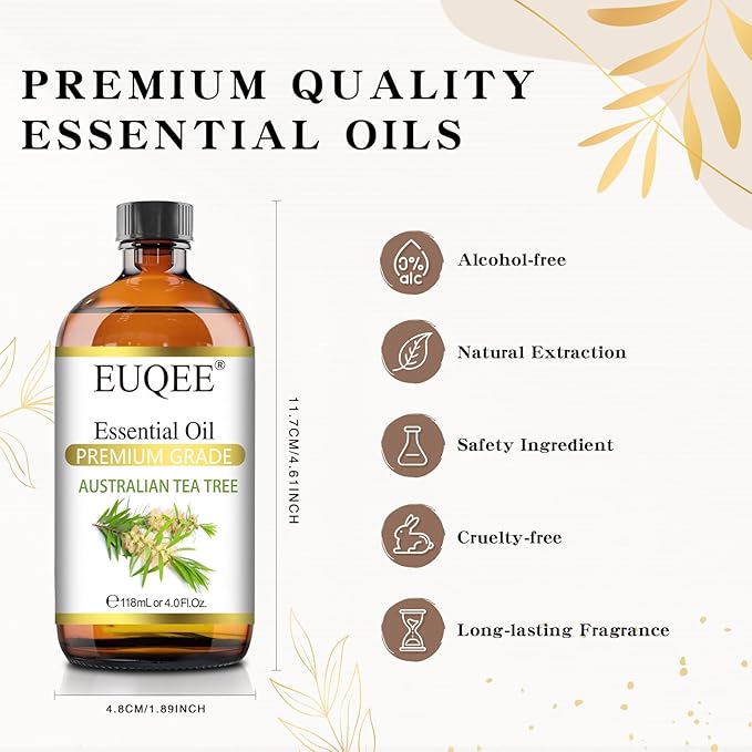 EUQEE Australian Tea Tree Essential Oil (4 oz/118 ml) Premium Grade Australian Tea Tree Oil Essential, Perfect for Diffusers, Humidifier, Candle Making, Soap & Candle Making