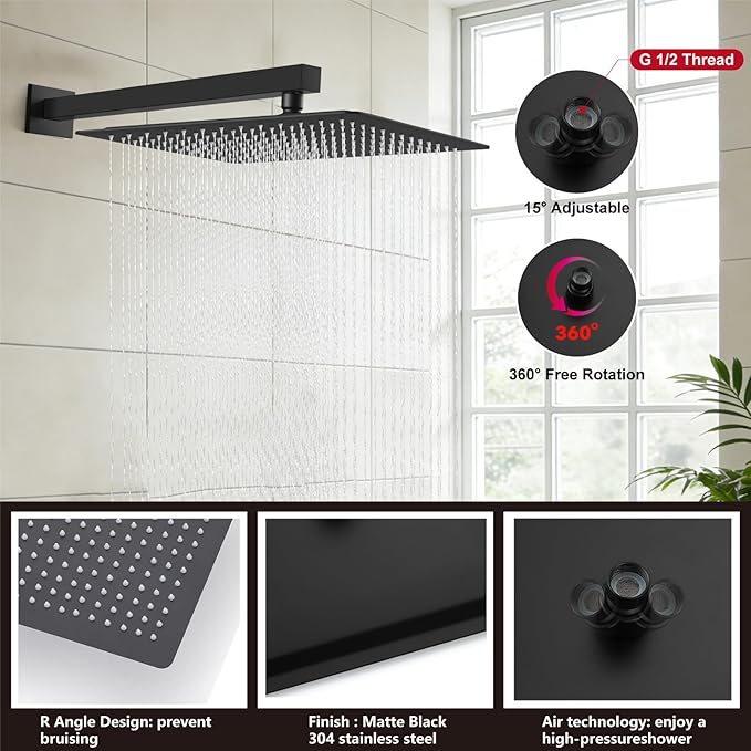 Midanya Shower System with Tub Spout,Bathtub Shower Faucet Set with Square Rainfall Head and Handheld Sprayer Wall Mount Tub Faucet Set with Valve and Trim Kit,16 Inch Matte Black