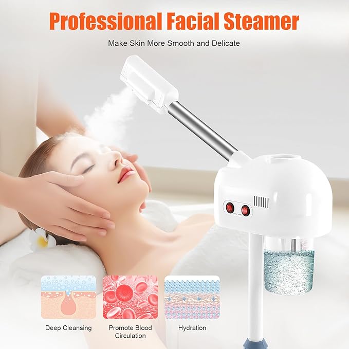 Professional Stand Facial Steamer w/Hot Mist – Adjustable Height, 360° Nozzle & Rolling Base for Salon, Spa & Home Use | Touch Button & Rocker Arm