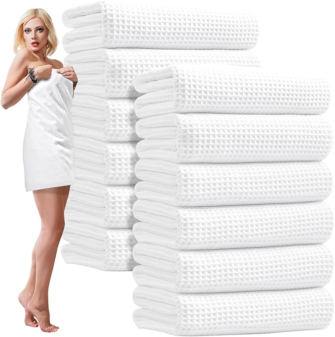 SmoothNovelty 12 Pack Microfiber Bath Towels Bulk 27'' x 60'' Oversized Beach Towel Highly Absorbent Extra Large Soft Drying for Shower Pool Salon Sauna Bathroom Gym Party (Square,White)
