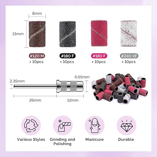 MelodySusie Nail Drill Bits, 10Pcs Diamond Sanding Bit Set with 40pcs Sanding Bands (#120#180#240 Grits) with 6.65mm Mandrel Bit, Nail Gel Polish Remover Tool for Acrylic Nails Manicure Nail Prep