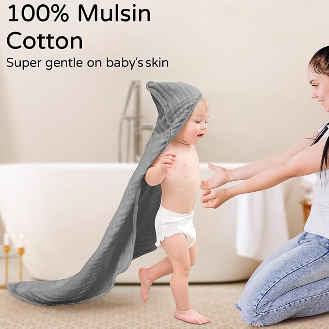 Yoofoss Hooded Baby Towels for Newborn 2 Pack 100% Muslin Organic Cotton Baby Bath Towel with Hood for Babies, Infant, Toddler and Kids, 32x32Inch, Soft and Absorbent Newborn Essential,White&Pure Grey