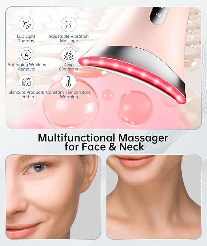 Dopsikn 7 Color Light Therapy Facial Massager with Adjustable Vibration and Thermals for Wrinkles, Double Chin, Red Light Skin Care Tool with Base, Pink