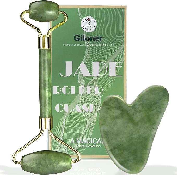 Guasha Tool for Face & Jade Roller for Face,Gua Sha Facial Tools for Reduce Puffiness and Improve Wrinkles,Green Jade Roller and Gua Sha Set Self Care Gifts for Women