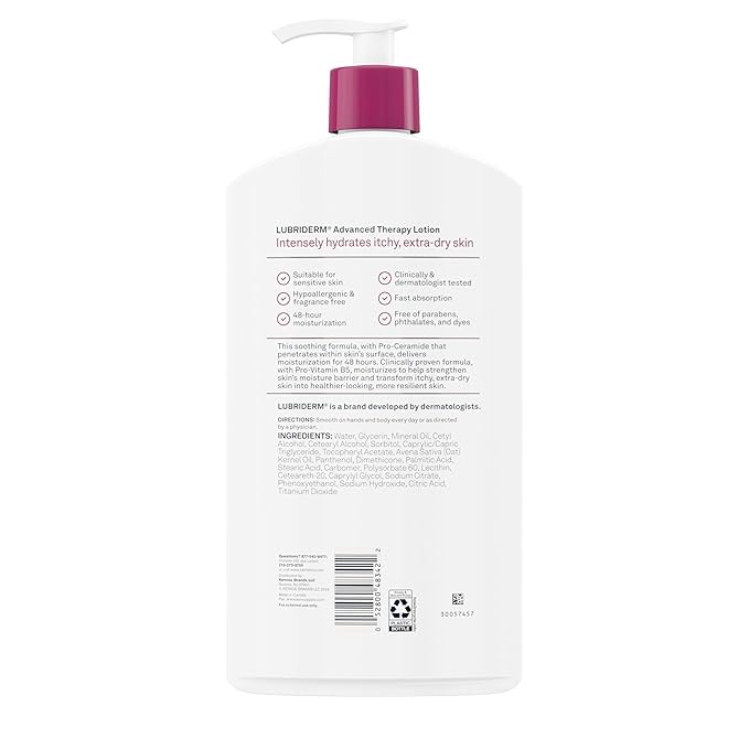 Lubriderm Advanced Therapy Fragrance-Free Moisturizing Hand & Body Lotion + Pro-Ceramide, Intense Hydration for Itchy, Extra Dry, & Sensitive Skin, Non-Greasy, Hypoallergenic, 32 fl. oz (Pack of 6)