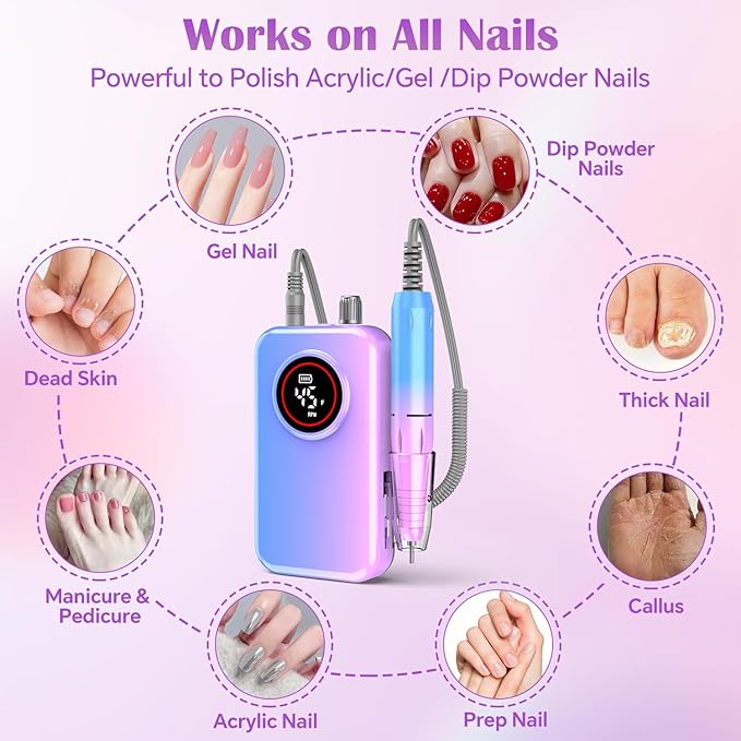 Nail Drill Professional, 45000 RPM Rechargeable Electric Nail File Kit for Acrylic & Gel Nails, Portable Manicure Pedicure Tool for DIY Home or Salon, with 11 Nail Drill Bits & Sanding Band Set