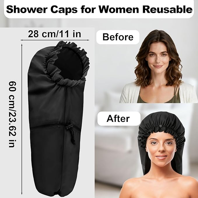 ELEBOX Extra Large Shower Cap for Braids/Curly Hair/Dreadlock | Reusable Waterproof Long Bonnets for Women Bath/Swim/Cooking/Cleaning/Spa | XL Bathing Cap with Adjustable Drawstring & Button, Black