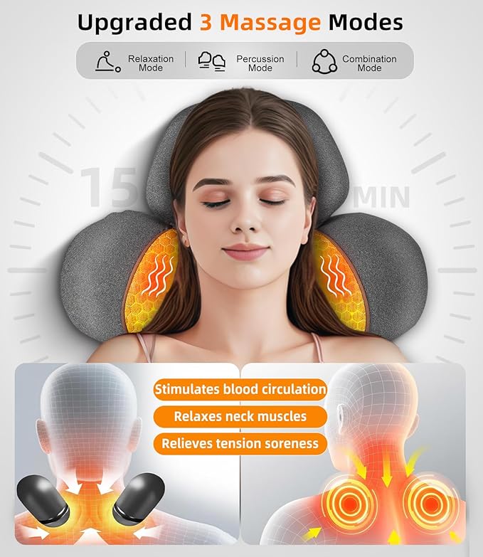Upalled Cordless Heated Neck Massager Pillow for Pain Relief Deep Tissue, 3-in-1 Rechargeable Neck Cervical Traction Device with Heat, Massage, Electric Stretch, Ergonomic Neck Shoulder Relaxer, Grey