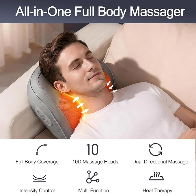Back & Neck Massager with Heat for Pain Relief, 3D Deep Kneading Massage Cushion for Upper & Lower Back, 3 Intensity Levels, 3 Heat Settings, 15/20/30 Min Auto-Off, Ergonomic Lumbar Support