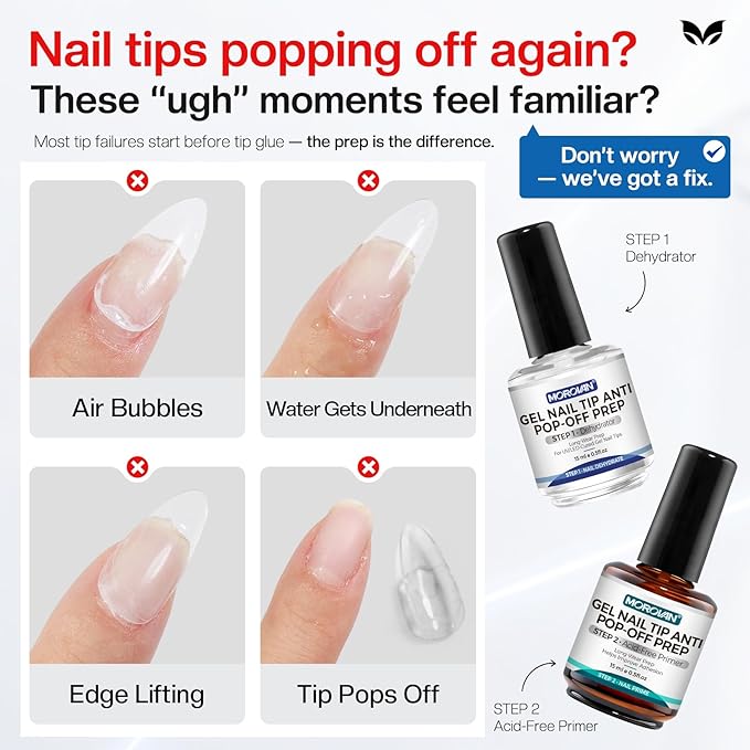 Morovan Nail Dehydrator and Primer for Tips: Only for UV-Cured Gel Nail Tips | Hema-Free Prep Dehydrate for Anti-Lifting | Acid-Free Bond Primer for 28+ Days Long Lasting Adhesion | Nail Supplies Kit