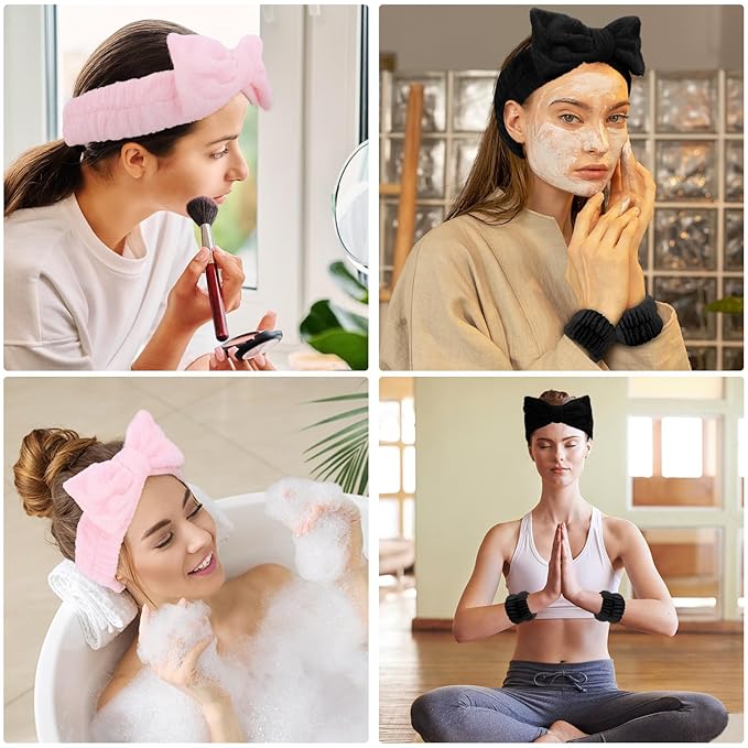 WHAVEL 6PCS Spa Headband and Wristbands Set, Face Wash Headband Wrist Bands for Washing Face Skincare Makeup Hair Band Skin Care Accessories Tools