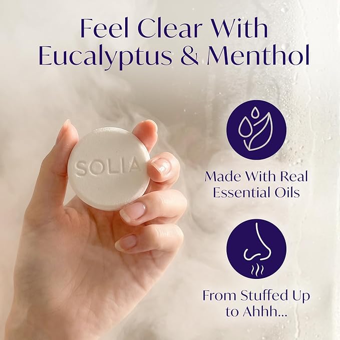 Solia Shower Steamers Eucalyptus and Menthol 7-Pack - Patent-Pending - Real Essential Oil Eucalyptus Shower Bombs Gift Set, Menthol Tablets, Spa Steamers Aromatherapy Selfcare Bath Gifts for Women
