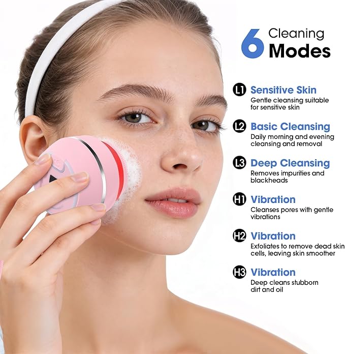 Electric Facial Cleaner with 6 Modes & 3 Light Effects, Rechargeable Waterproof Face Scrubber for Women and Men, Includes Extra Brush Head, Easy-Clean Hanging Design (Pink)