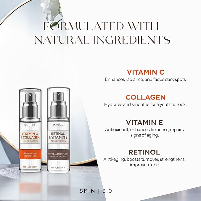 Skin 2.0 Retinol & Vitamin E + Collagen & Vitamin C Serum For Face – Dermatologist Tested, Anti Aging, Korean Skin Care – Smooths Lines, Firms, Hydrates, Revitalizes – Vegan, Clean Beauty – Pack of 2