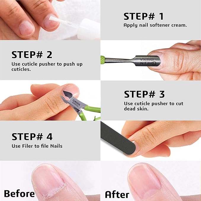 Professional Cuticle Trimmer Nail Cuticle Cutter Stainless Steel Cuticle Nippers with Sharp Blades Double Spring Manicure Tools for Nail Care Pedicure Home Spa (Green - Pusher Included)