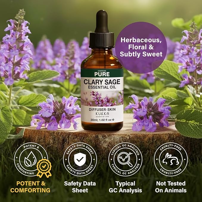 100% Pure Clary Sage Oil - 1.02 Fl Oz Clary Sage Essential Oil for Hair, Skin, Diffuser, Aromatherapy & DIY Soap Making Scent