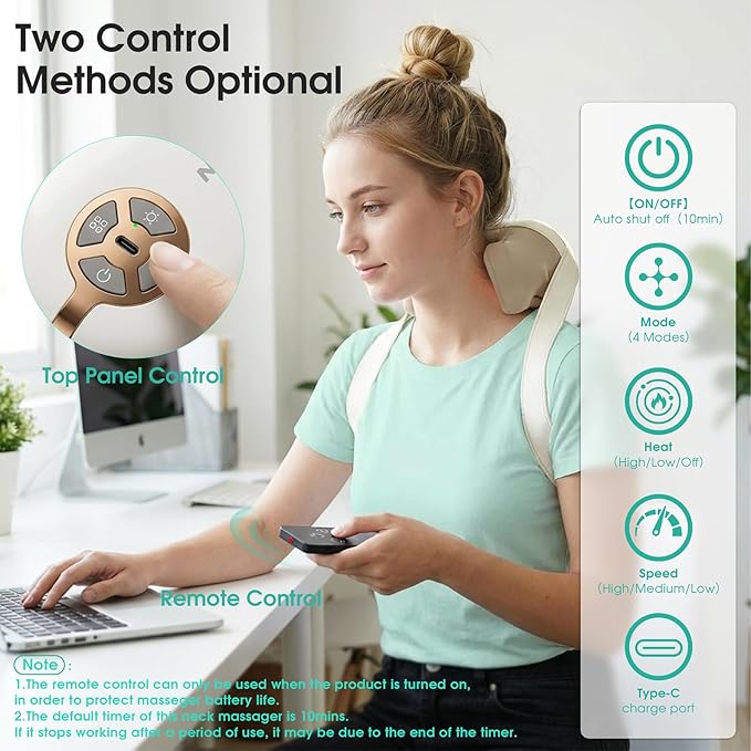 2026 Cordless Neck Massager with Heat for Pain Relief Deep Tissue, 4D Kneading Massage Tools with Remote Control, Rechargeable Shiatsu Massager for Neck, Shoulders& Back, Women& Men
