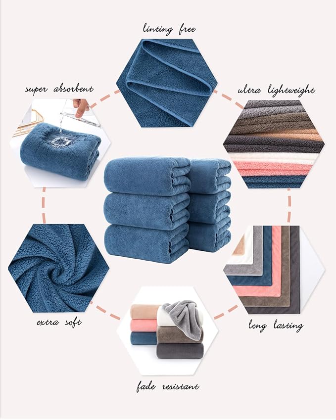 Lumimi Towels 6 Piece Soft Microfiber Bath Towel Set Salon Gym Yoga Travel Incredibly Absorbent Lightweight Quick Dry and Durable, 55" L x 27" W, Mega 6 Pack Blue