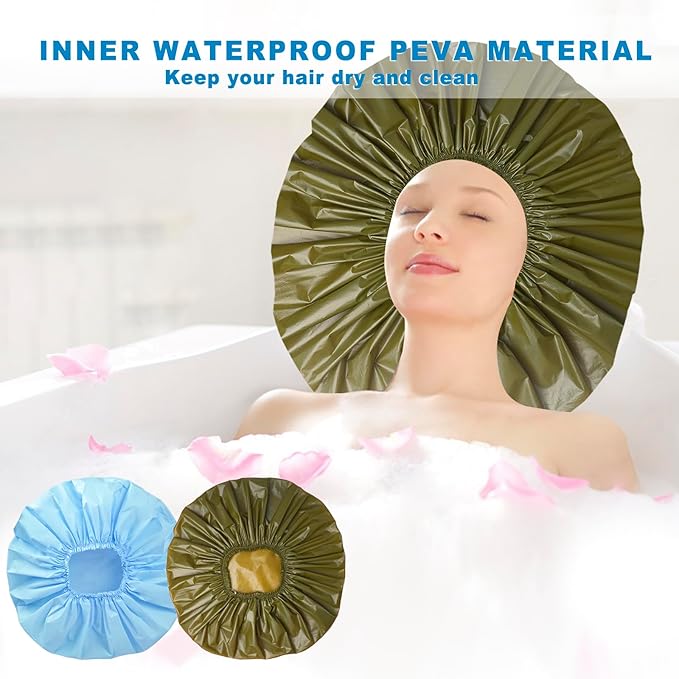 Jumbo Size Shower Cap 2 PCS Waterproof Shower Caps for Women, Extra Large Shower Cap, Reusable Super Large Bath Caps Hair Cap for Long Thick Curly Hair, Locs, Twist Braids - Blue+Green