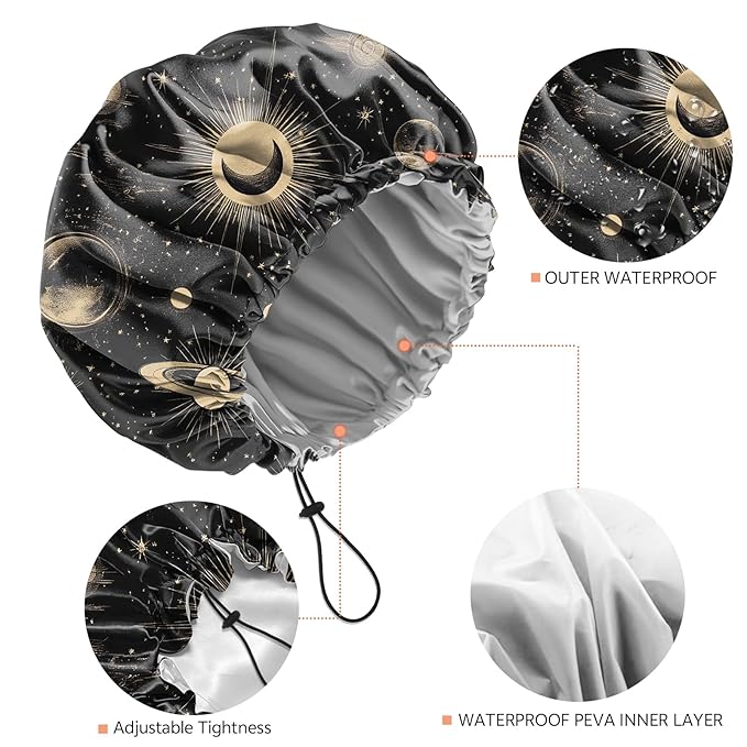 Shower Cap Reusable Double Layer Adjustable Elastic Waterproof EVA Hair Bath Caps for Women Girls Cute Aesthetic-Moon