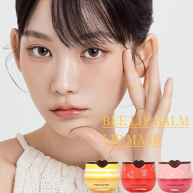 3 PCS Bee Lip Balm Lip Mask Honey Pot, Mothers Day Gifts, Honey & Strawberry & Watermelon Lip Sleeping Mask Overnight Moisturizing Honey Lip Balm, Teacher Appreciation Gifts, Birthday Party Favors