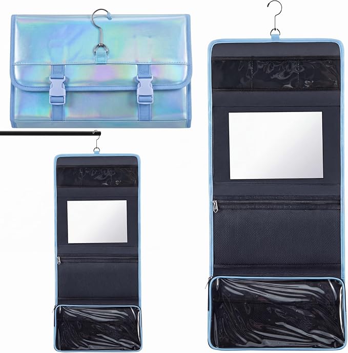Travel Hanging Toiletry Bag with Mirror Leather Travel Hanging Mirror Foldable Dance Competition Makeup Bag Backstage Cosmetic Organizer for Traveling Dancers Spa(Vibrant,Blue)
