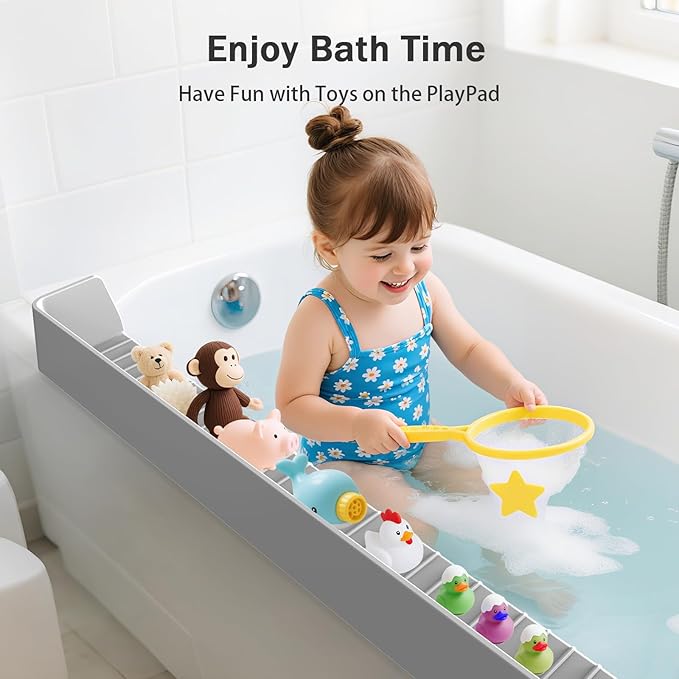 Bathtub Splash Guard PlayPad Shelf Area with Strong Suction Cups, Toy Tray Caddy Holder Storage Over Tub, Bathtub Ledge Guard, No Mess Water, Splash Protection Water Barrier for Bathroom-Gray