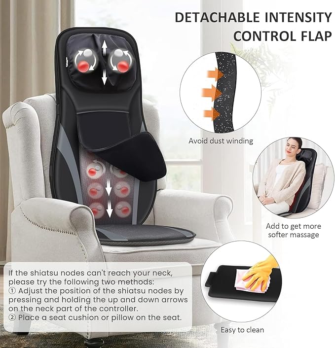 Snailax Shiatsu Back Massager with Heat -Deep Kneading Massage Chair Pad with Adjustable Intensity, Shiatsu Chair Massager to Relax Full Body Muscle，Gift for Mother
