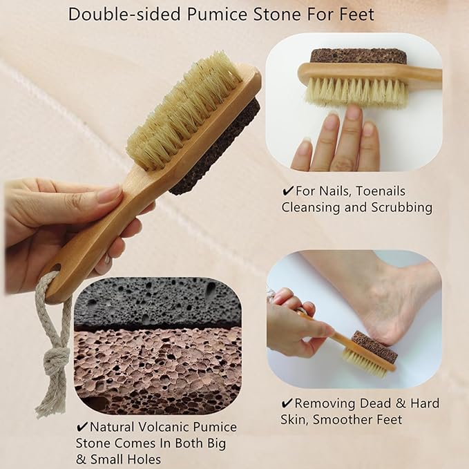Natural Lava Pumice Stone for Feet with Foot Brush, Callus Remover Foot Scrubber Exfoliator Pedicure Tools for Hard Dead Skin, Softer & Smoother Feet, Double Sided Boar Bristles Wooden Handle