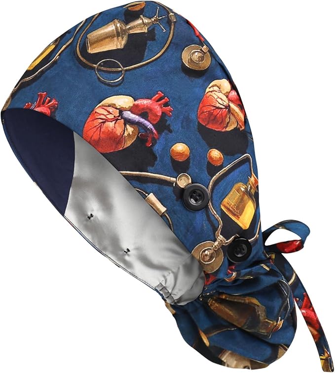 Satin Lined Scrub Caps with Buttons & Sweathand, Surgical Caps for Women