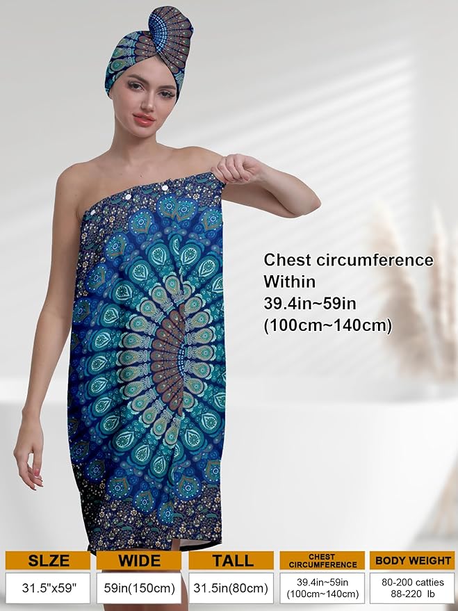 Women's Spa Bath Towel Wrap Set with Hair Turban, Blue Peacock Mandala Pattern, 31.5x59 Inches