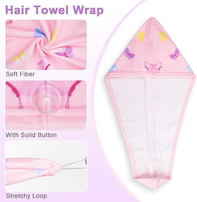 Unicorn Castle Microfiber Hair Towel for Kids 2Pack Hair Wrap Towels Absorbent Hair Drying Towel Wrap Hair Turbans for Curly Thick Hair, Purple Pink Butterfly