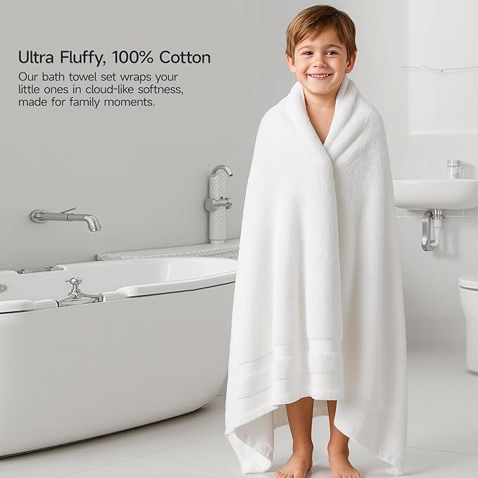 REDKISS 100% Cotton Bath Towels Set of 2, Extra Large Bath Sheets 35 X 70 Inches, 800G, Quick Dry, Ultra Soft & Super Absorbent Bathroom Towel Sets for Bathroom, Gym, Spa, Pool & Hotel, White