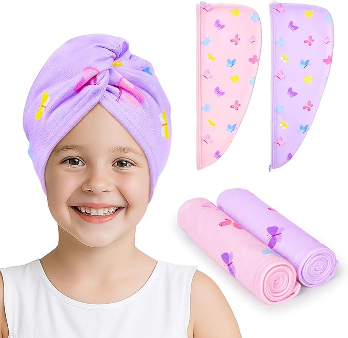 Unicorn Castle Microfiber Hair Towel for Kids 2Pack Hair Wrap Towels Absorbent Hair Drying Towel Wrap Hair Turbans for Curly Thick Hair, Purple Pink Butterfly