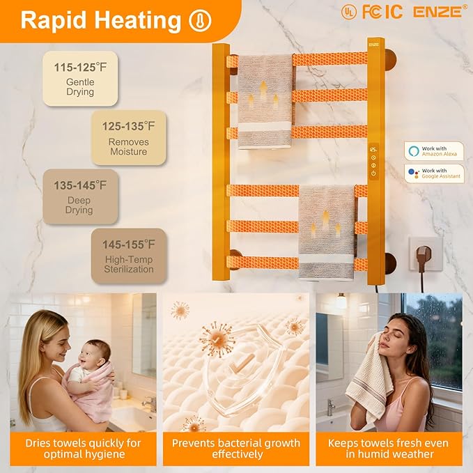 ENZE Smart Heated Towel Rack, 6-Bar Wall-Mounted Electric Towel Warmer 150W, Wi-Fi App Control & LED Touch Screen, Adjustable Temperature & 24H Timer, IPX5, Plug-in/Hardwired, Matte Black