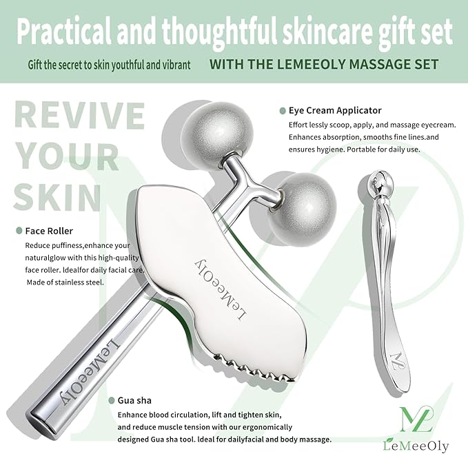 LeMeeOly 2Pcs Gua Sha Facial Tools Stainless Steel, Detailer GuaSha Set for Face and Neck, Natural Skin Care Metal Gua Sha Lymphatic Drainage Face Massage Tool, Gift for Women