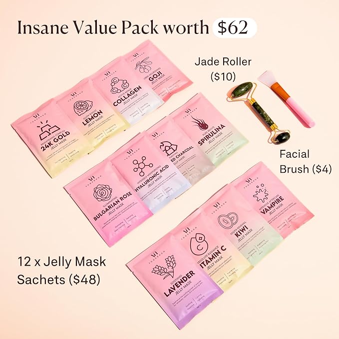 Jelly Mask for Facials - 12 Flavors Hydrating & Brightening Jelly Face Masks | Free Jade Roller & Spatula | Rose, Lavender, Hyaluronic Acid, 24K Gold face mask skin care | Mothers Day Gift for Mom