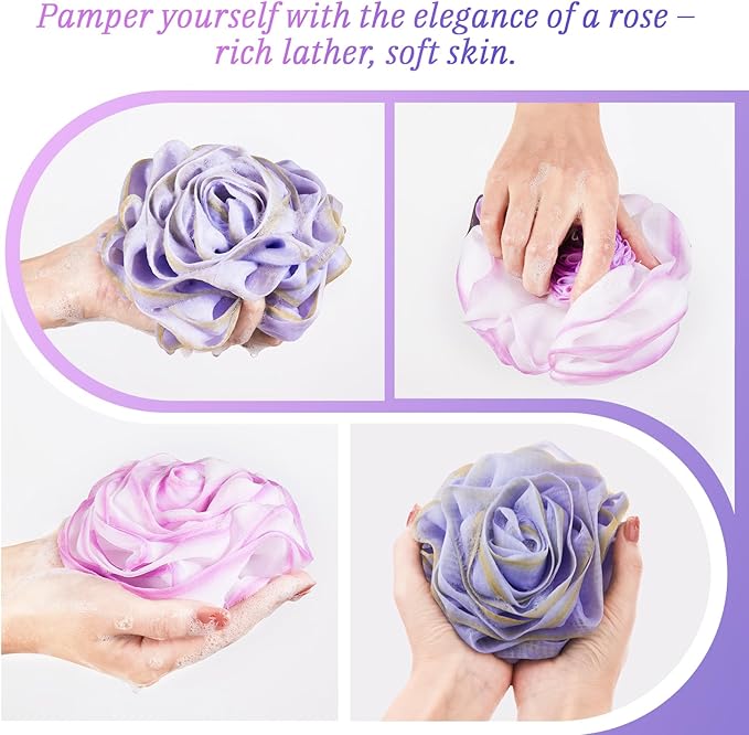 LAYUKI Bath Loofah, Shower Loofah, Body Loofah, Bath Sponge, Shower Sponge, Body Sponge, Bath Scrubber, Shower Scrubber, Body Scrubber, Rose-Shaped, Elegant (Set of 2 Pieces,Purple and Grey)