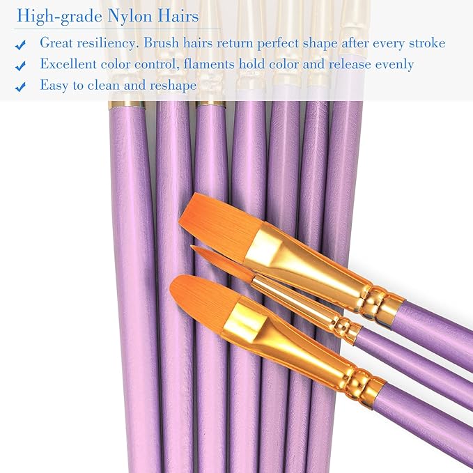 BOSOBO Paint Brushes Set, 6 Pack 60 Pcs Round Pointed Tip Paintbrushes Nylon Hair Artist Acrylic Paint Brushes for Acrylic Oil Watercolor, Face Nail Art, Miniature Detailing & Rock Painting, Purple