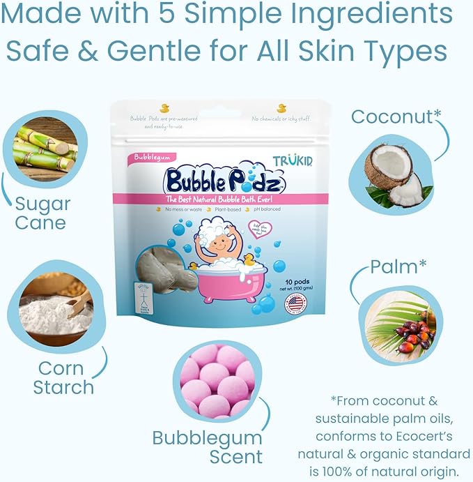 TruKid Bubble Podz Bubble Bath for Kids, Toddlers, & Babies, Tear Free Gentle & Refreshing Bath Bomb for Sensitive Skin with Natural Moisturizers, Non-Toxic, pH Balanced, Bubble Gum Scent (10 Podz)