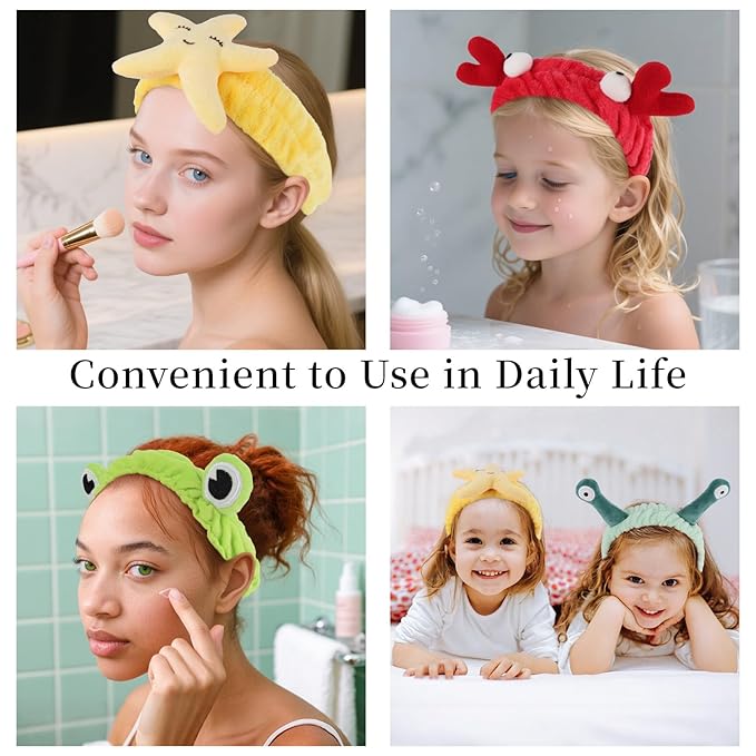 YISSION 4PCS Cute Animal Facial Headbands for Women & Girls, Plush Spa Headbands with Snail, Crab, Frog, Starfish Designs, Soft Hair Bands for Washing Face, Skincare & Makeup