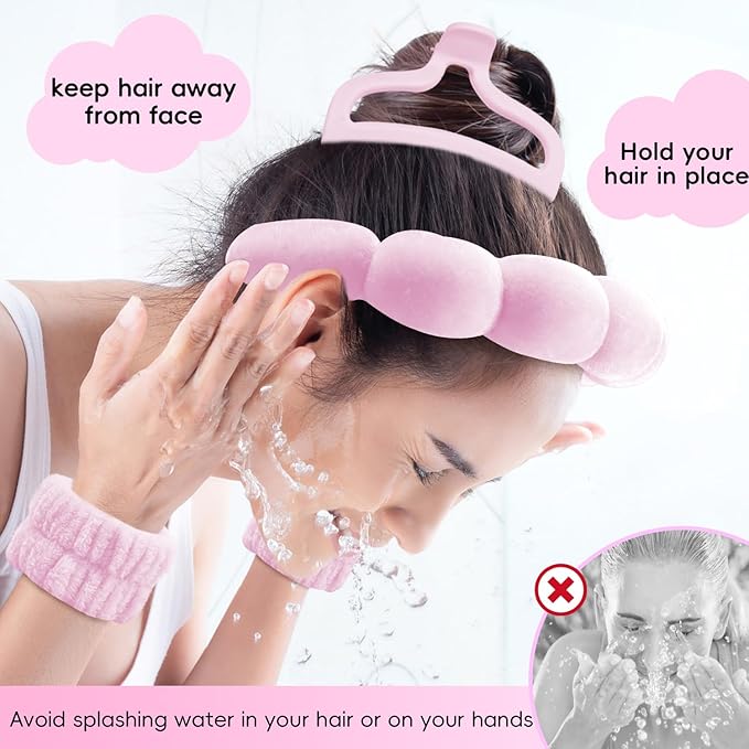 my novel things Spa Headband for Washing Face, Cute Skincare Headband and Wristband With Hair Clips Gift Set for Women Girl, Soft-Puffy Velvet Makeup Headbands (Pink)
