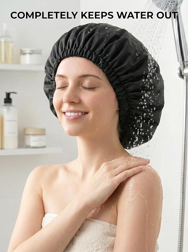Aquior Shower Cap for Women, Extra Adjustable Shower Caps for Women Double-Layer Waterproof Reusable Hair Cap, Large Size Hair Cap for All Hair,for Girls Spa Bath,Soft and Comfortable (Back)