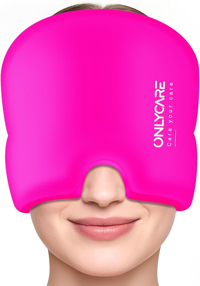 Upgraded Migraine Relief Cap, ONLYCARE Headache Relief Cap, Soothing Migraine Mask, Odorless Gel Ice Head Wrap, Hot & Cold Therapy, Reusable Ice Pack for Tension and Stress Rose Red