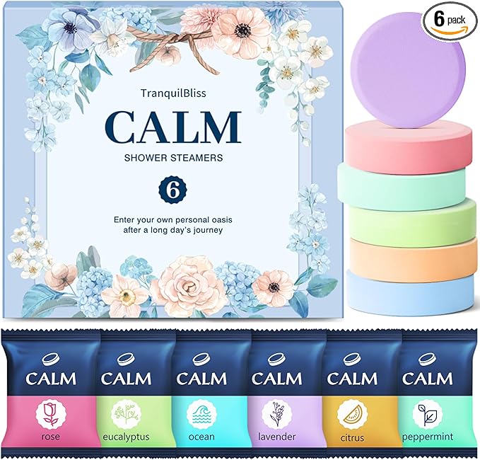 TranquilBliss Shower Steamers 6 Count, Shower Steamers with Natural Ingredients, 6 Different Scents & Individually Wrapped, Christmas and Birthday Good Option for Her, Mom, Friends