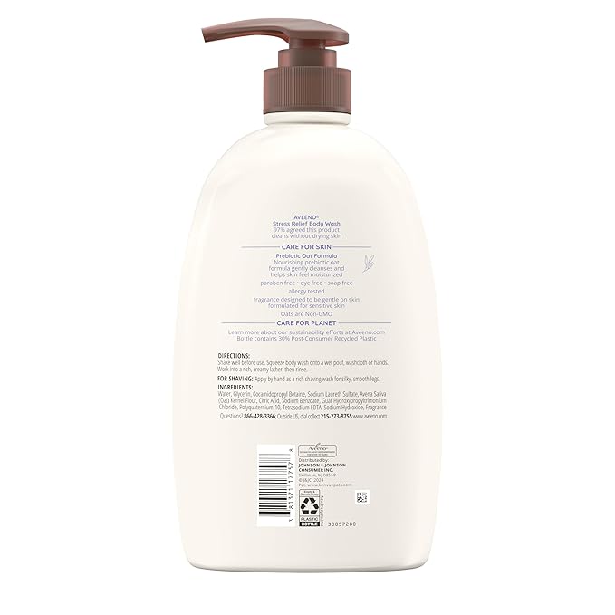 Aveeno Stress Relief Body Wash for Women, Calming Lavender Scent & Prebiotic Oat, Cleanser for Sensitive Dry Skin, Paraben, Dye & Soap-Free, 33 Fl Oz (Pack of 6)